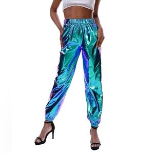Holographic High Waist Metallic Stretchy Jogger Pants
